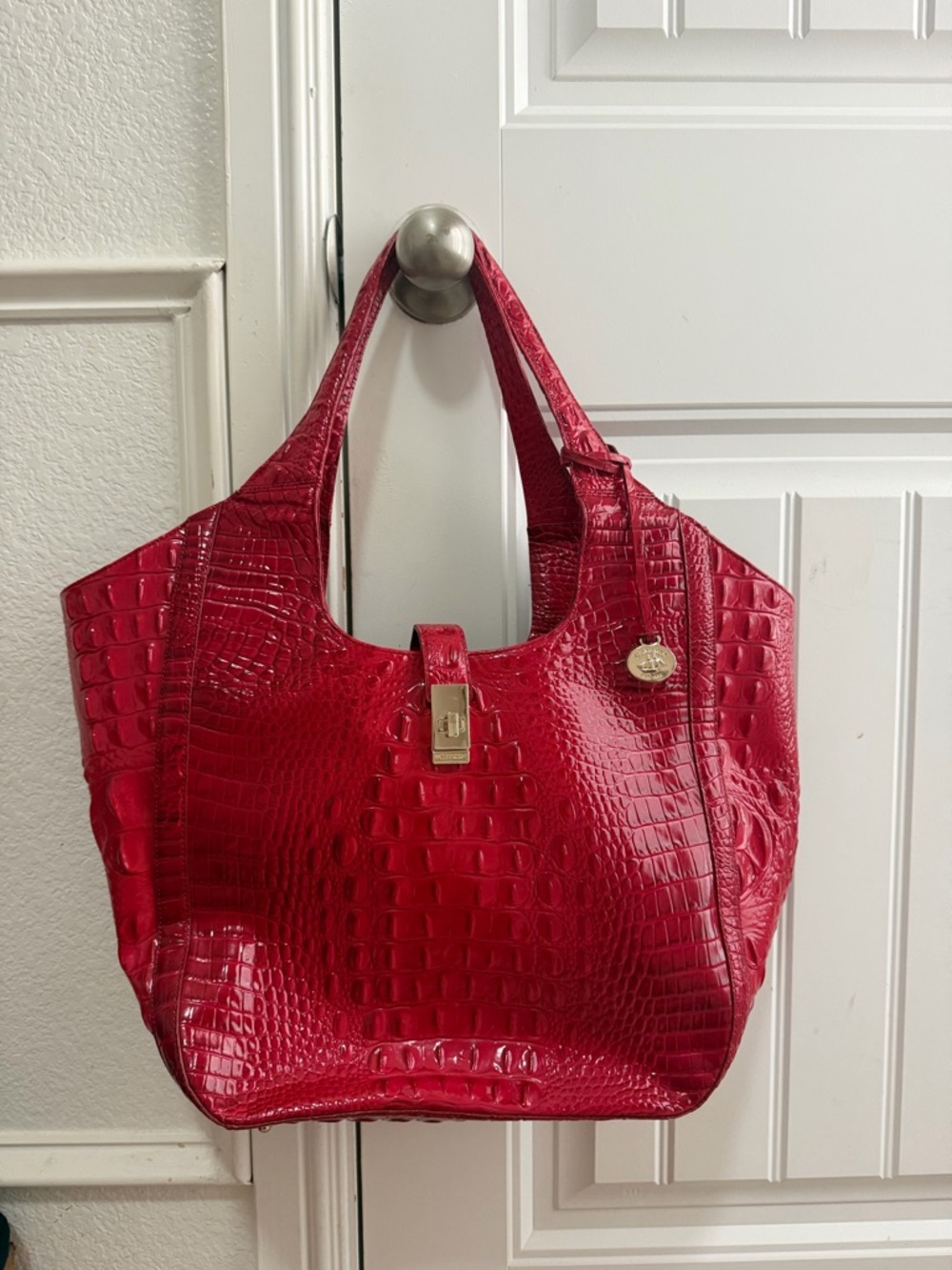 Brahim Red Croc-Embossed Tote Bag with Gold Hardware